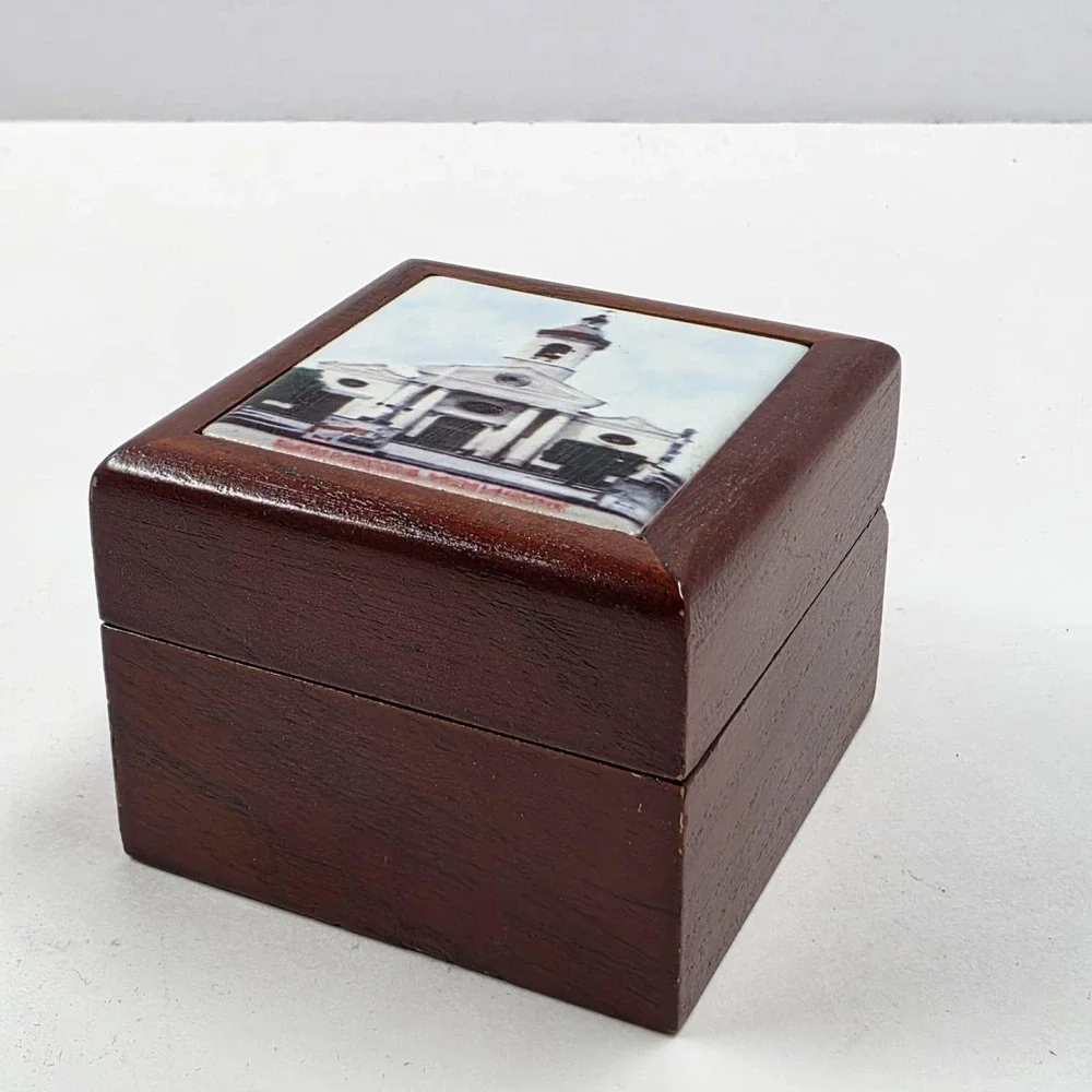 Vintage Wooden Trinket Box Church Cathedral Tile Inlay Velvet Lined Jewelry Box